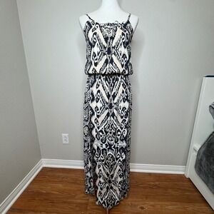 HALE BOB Maxi Dress XS Ikat Design Front Slits Blouson‎ Top Adjustable Straps